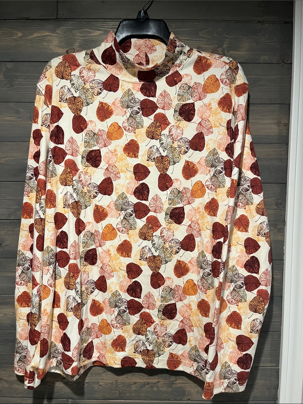 NWT Leaf Print Turtleneck Top - Cream with Burgundy & Rust 2X